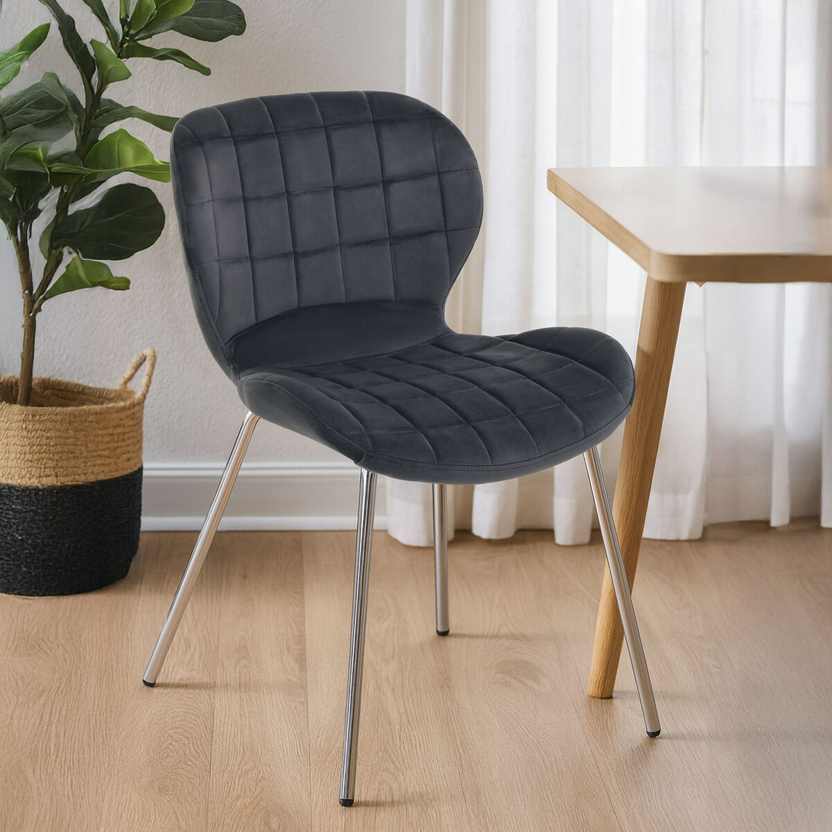 Warton Dining Chair | Grey Velvet Quilted Dining Chair