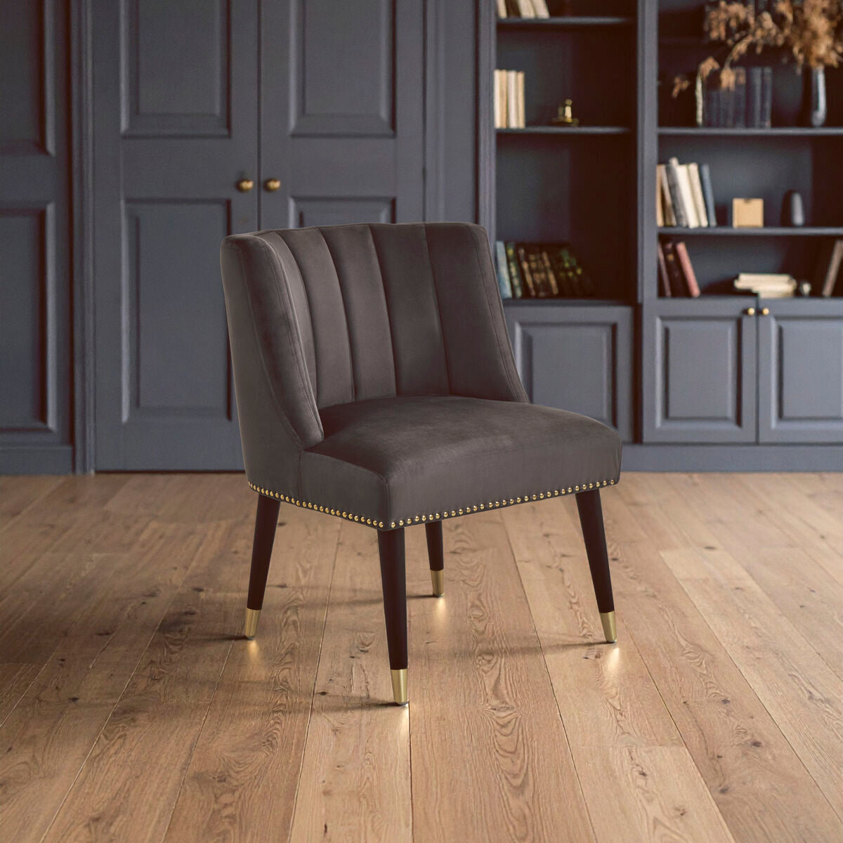 Doucet Grey Velvet Dining Chair with Black Wooden Legs