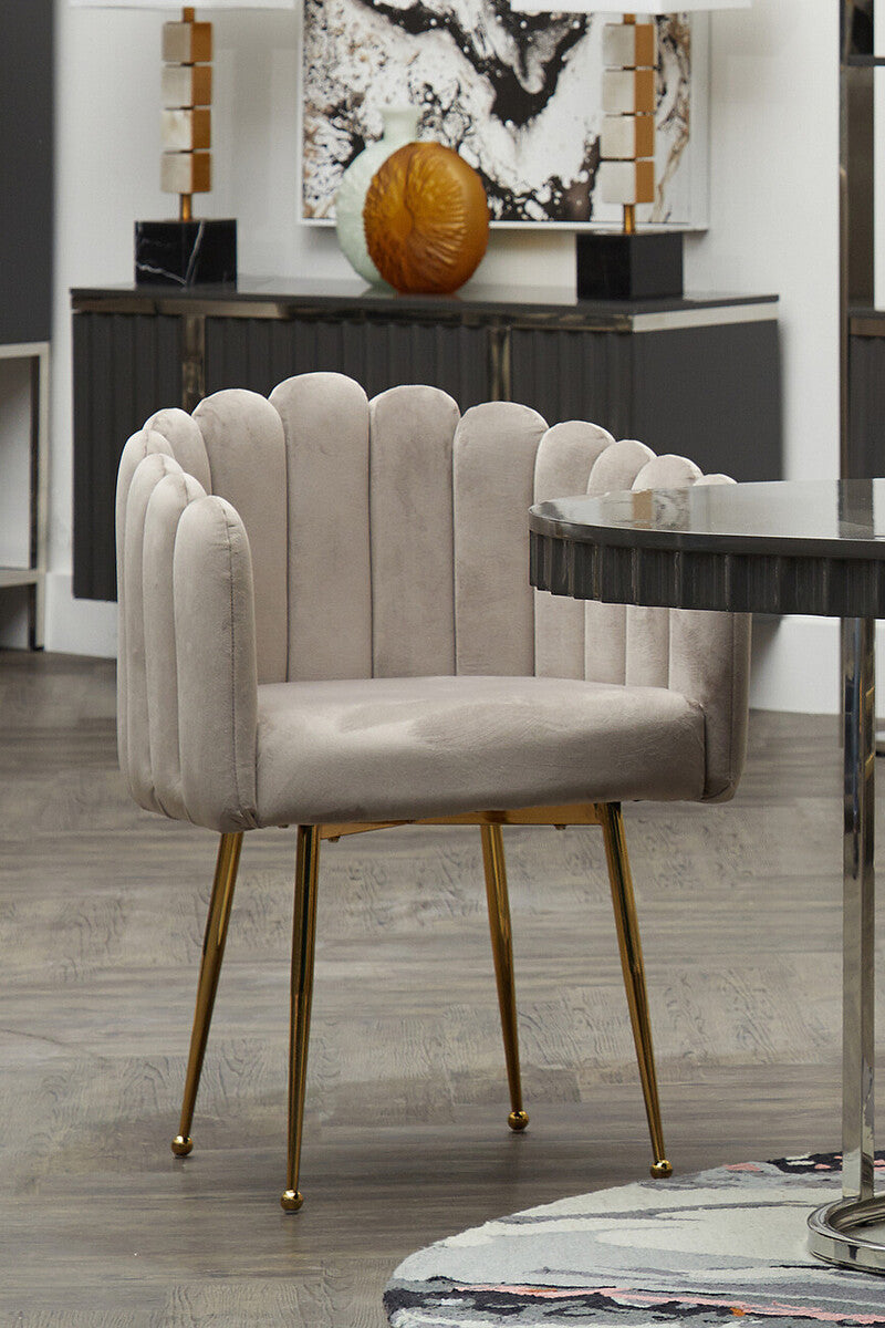 Bari Dining Chair | Mink Velvet Scalloped Dining Chair with Gold Finish Legs