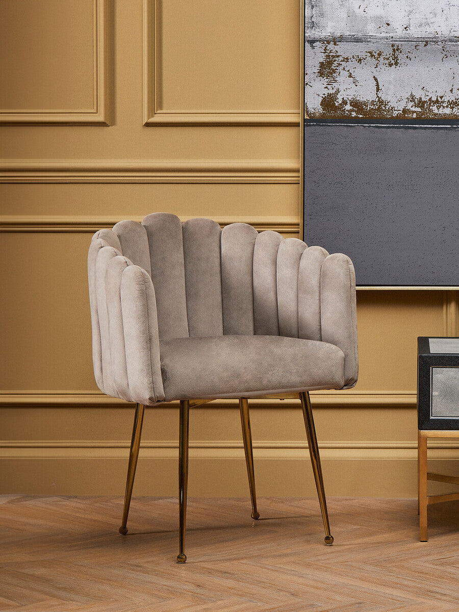 Bari Dining Chair | Mink Velvet Scalloped Dining Chair with Gold Finish Legs