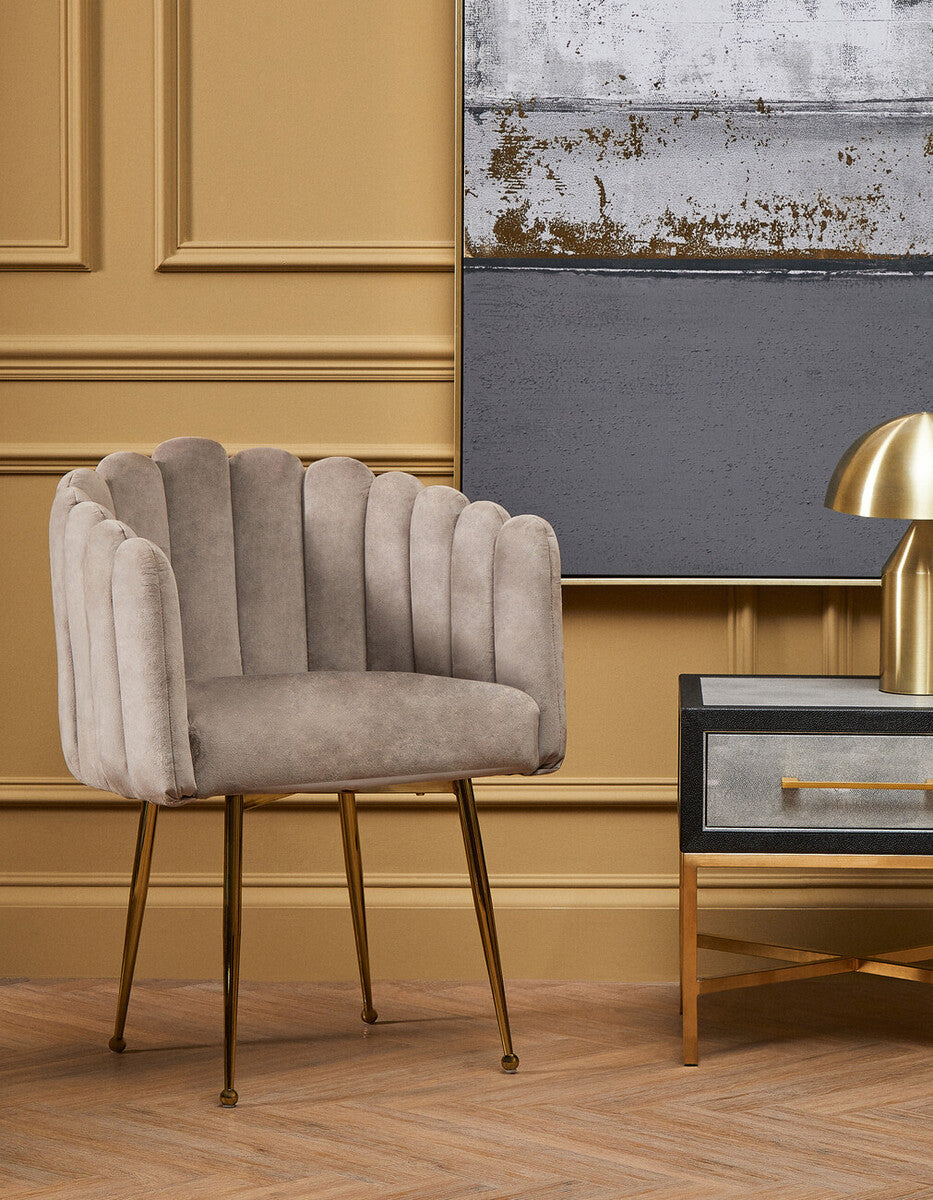 Bari Dining Chair | Mink Velvet Scalloped Dining Chair with Gold Finish Legs
