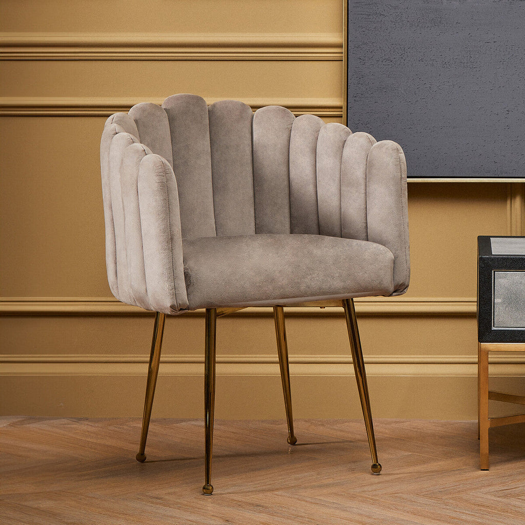 Bari Dining Chair | Mink Velvet Scalloped Dining Chair with Gold Finish Legs