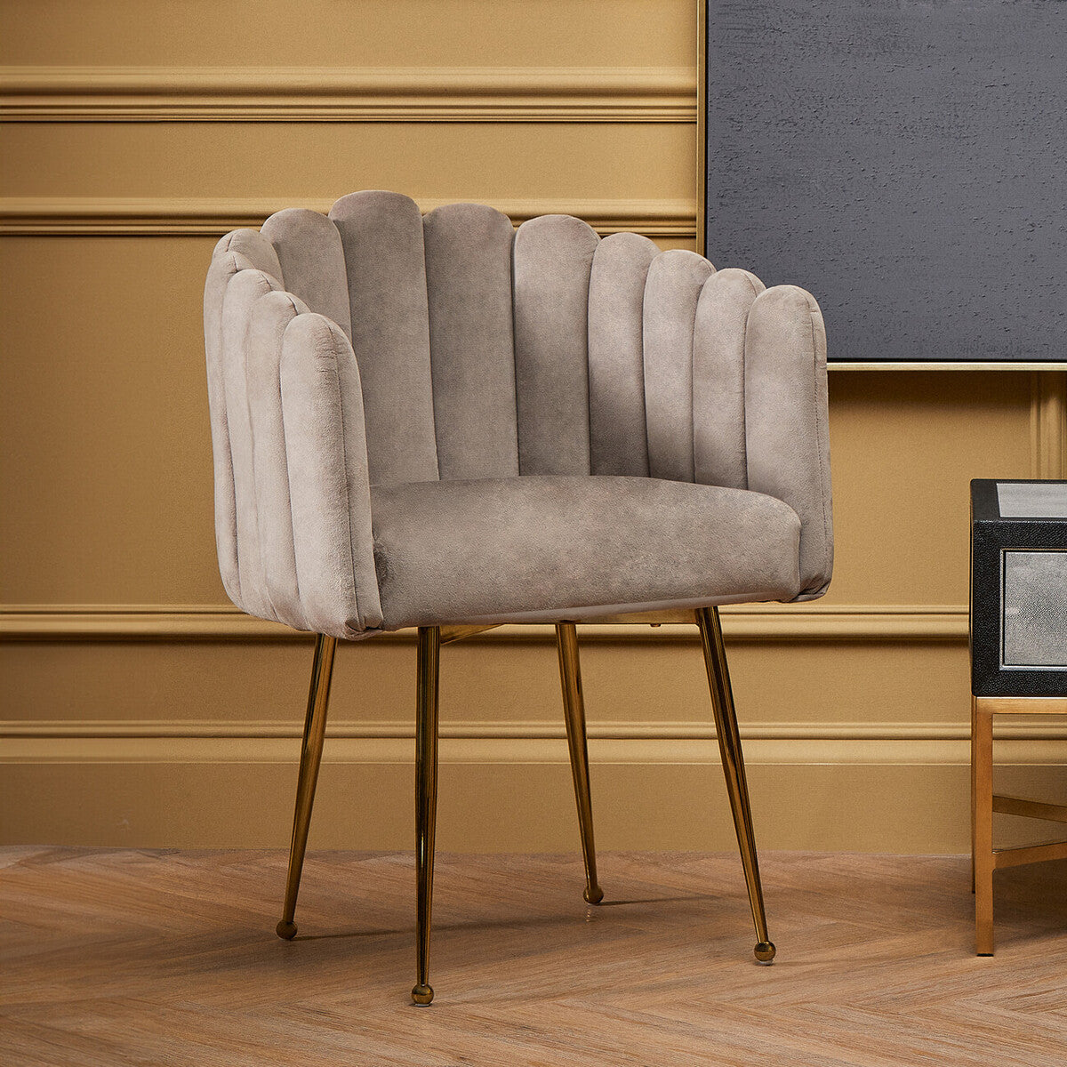 Bari Dining Chair | Mink Velvet Scalloped Dining Chair with Gold Finish Legs