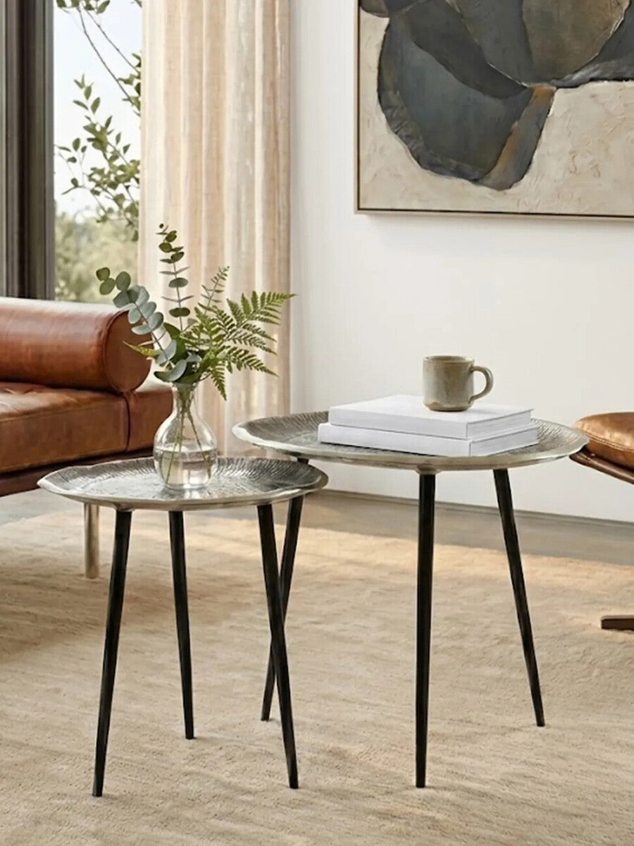 Silva Side Table Set | Silver Finish Oak Effect Set of 2 Side Tables