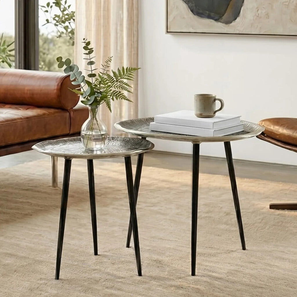 Silva Side Table Set | Silver Finish Oak Effect Set of 2 Side Tables