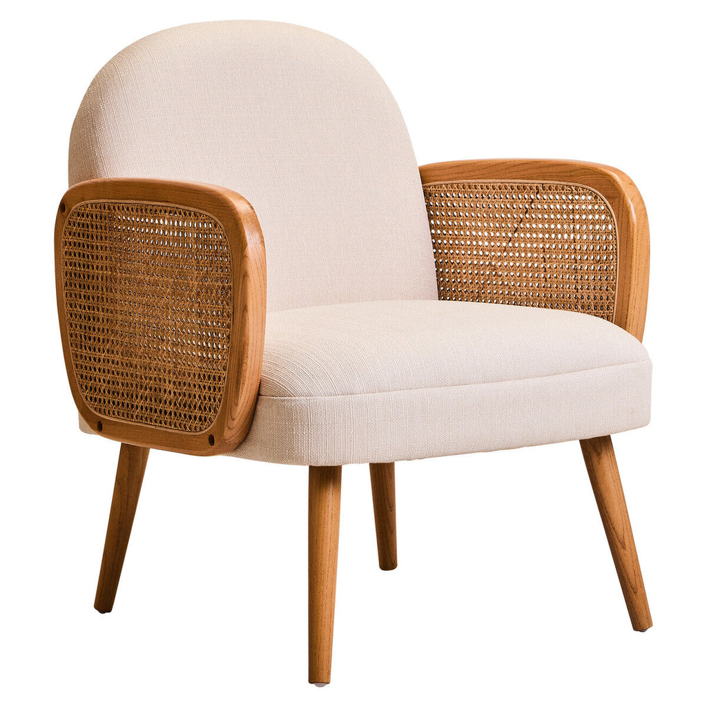 Cebu Dining Chair | Ivory Fabric and Cane Chair with Elm Wood Legs