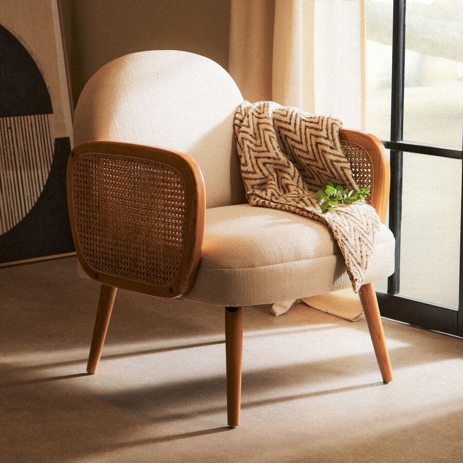 Cebu Dining Chair | Ivory Fabric and Cane Chair with Elm Wood Legs