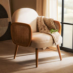 Cebu Dining Chair | Ivory Fabric and Cane Chair with Elm Wood Legs