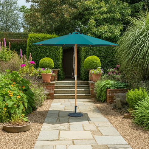 Bali Hunter Green Wooden Parasol 2.85m in a British garden
