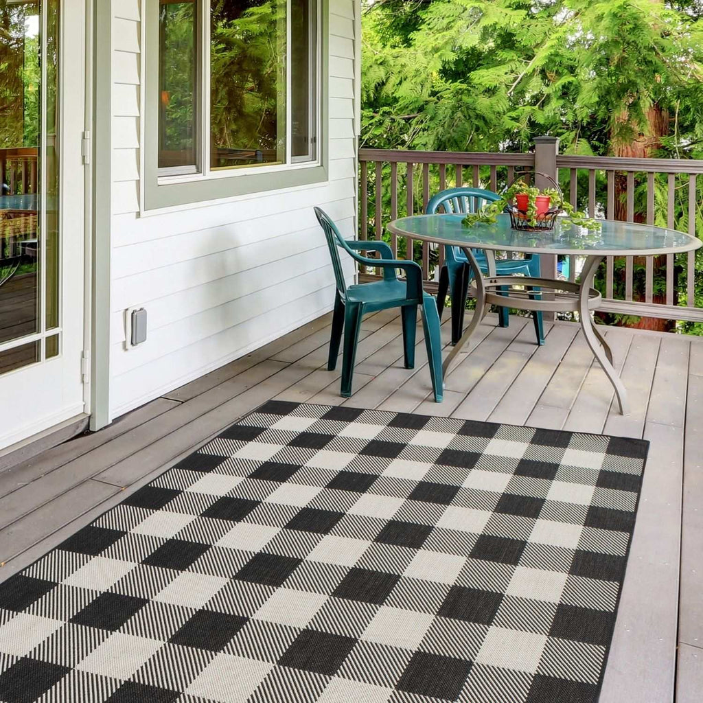 Ecology Outdoor Rug | Black Geometric Flatweave | Odour Resistant Polypropylene