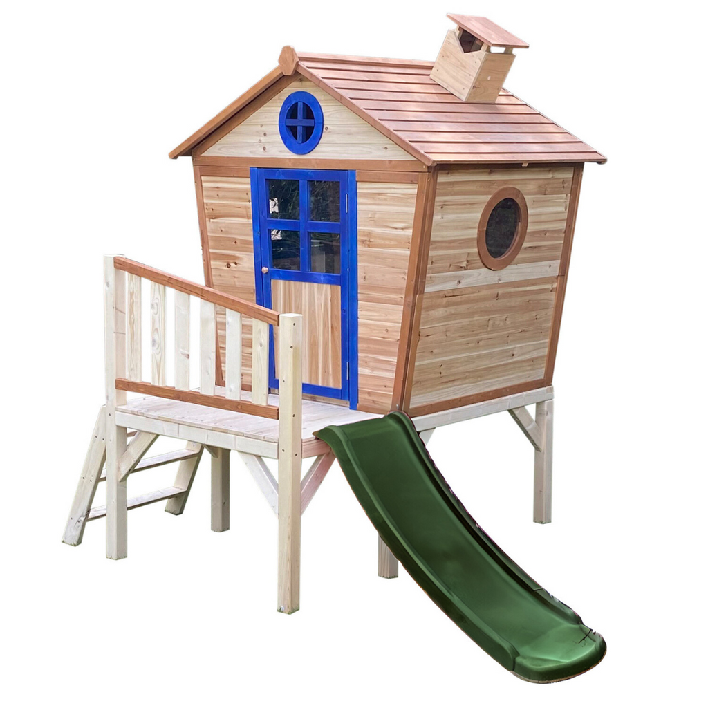 Redwood tower wooden playhouse with slide and climbing ladder for the garden
