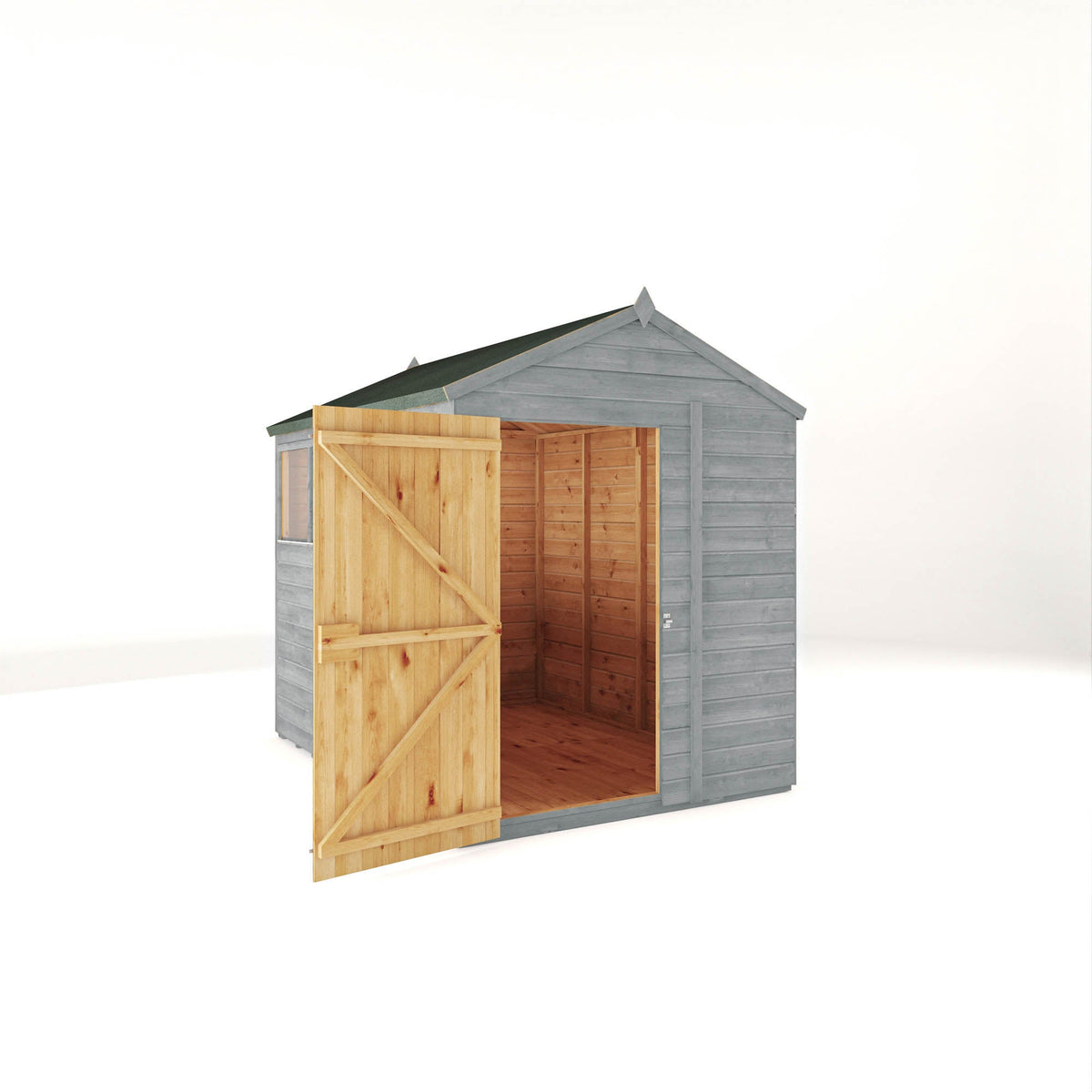 Mercia Woodsman Shiplap Apex 8x6 shed in Dove door open