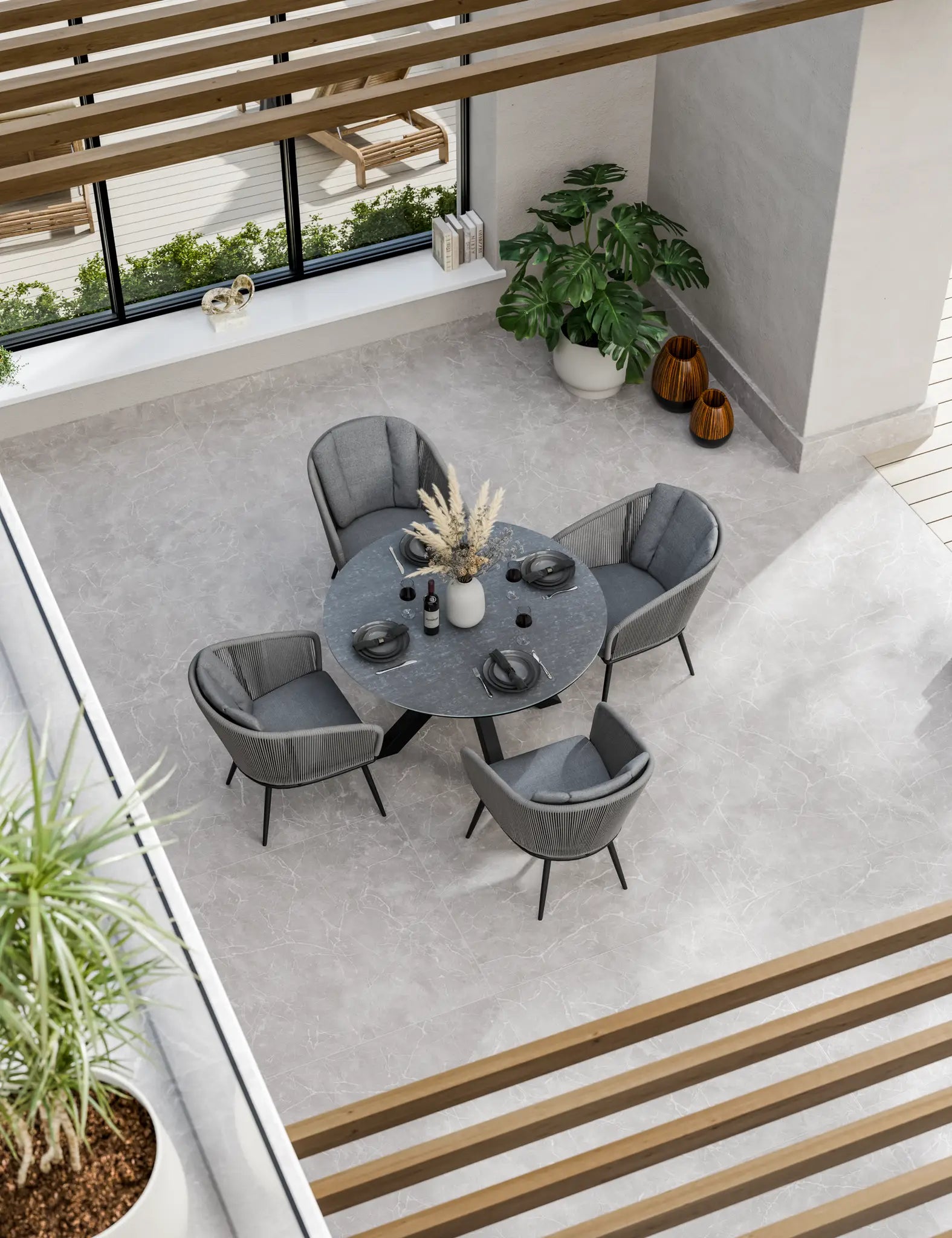 Royalcraft Aspen 4 Seater Round Ceramic Glass Garden Dining Set with Rope Chairs 120cm
