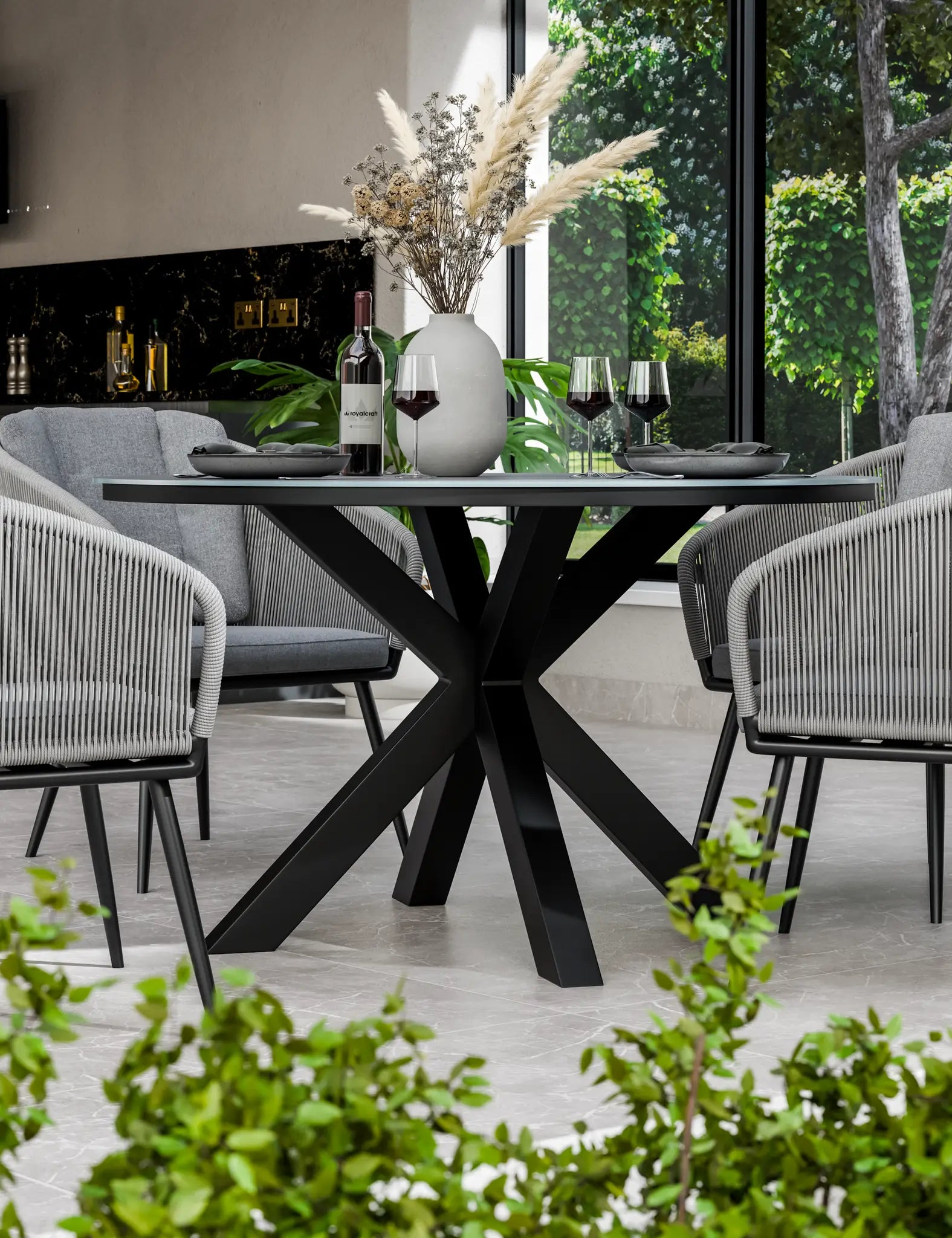 Royalcraft Aspen 4 Seater Round Ceramic Glass Garden Dining Set with Rope Chairs | 120cm