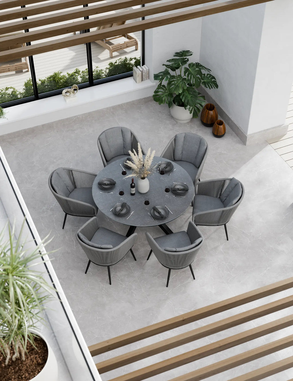 Royalcraft Aspen 6 Seater Round Ceramic Glass Garden Dining Set with Rope Chairs 150cm