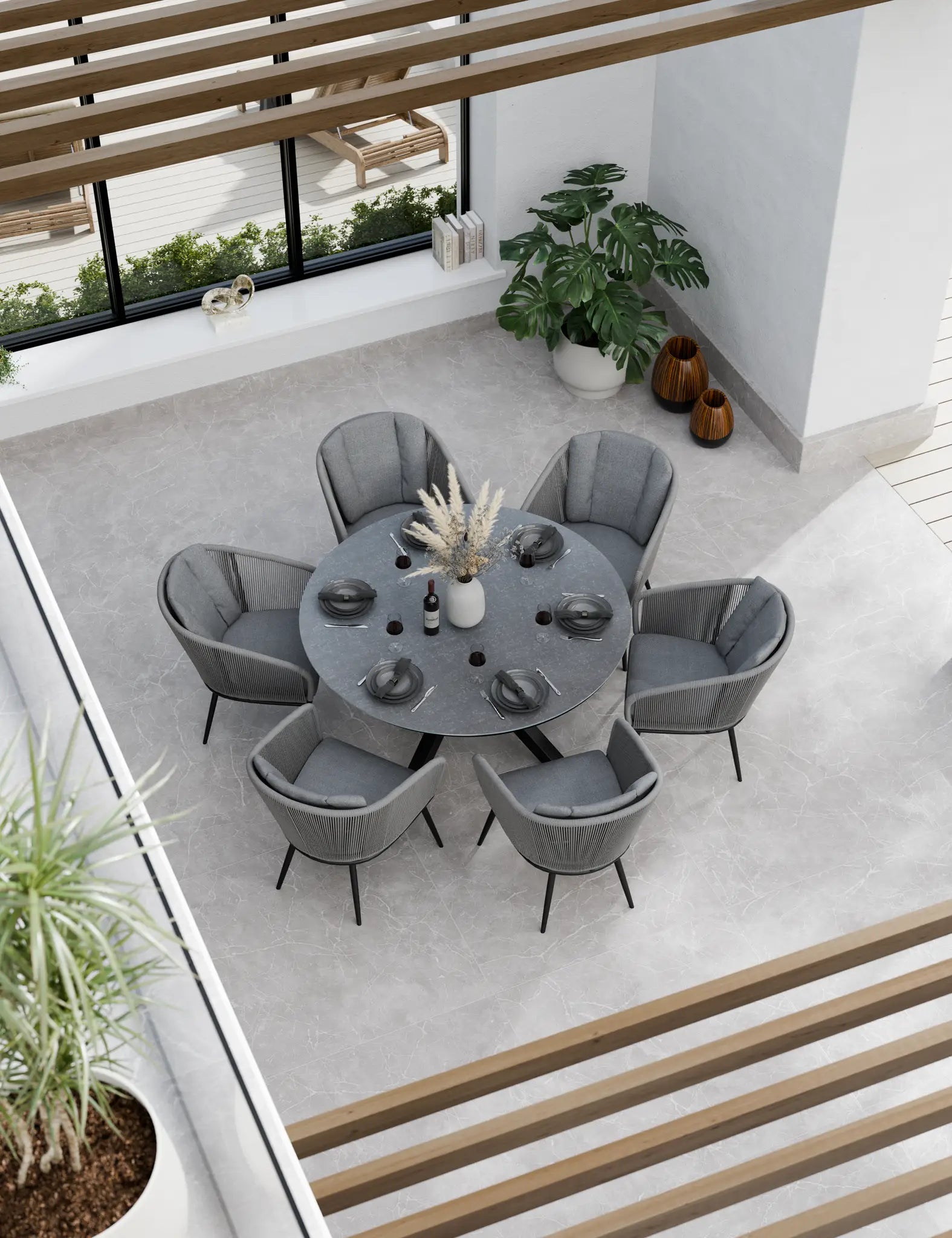 Royalcraft Aspen 6 Seater Round Ceramic Glass Garden Dining Set with Rope Chairs 150cm