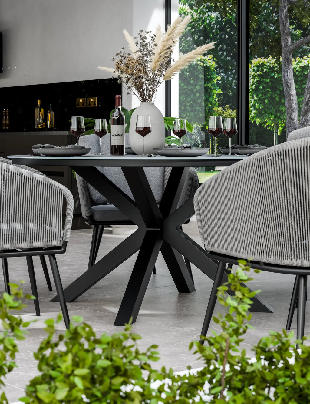 Royalcraft Aspen 6 Seater Round Ceramic Glass Garden Dining Set with Rope Chairs | 150cm