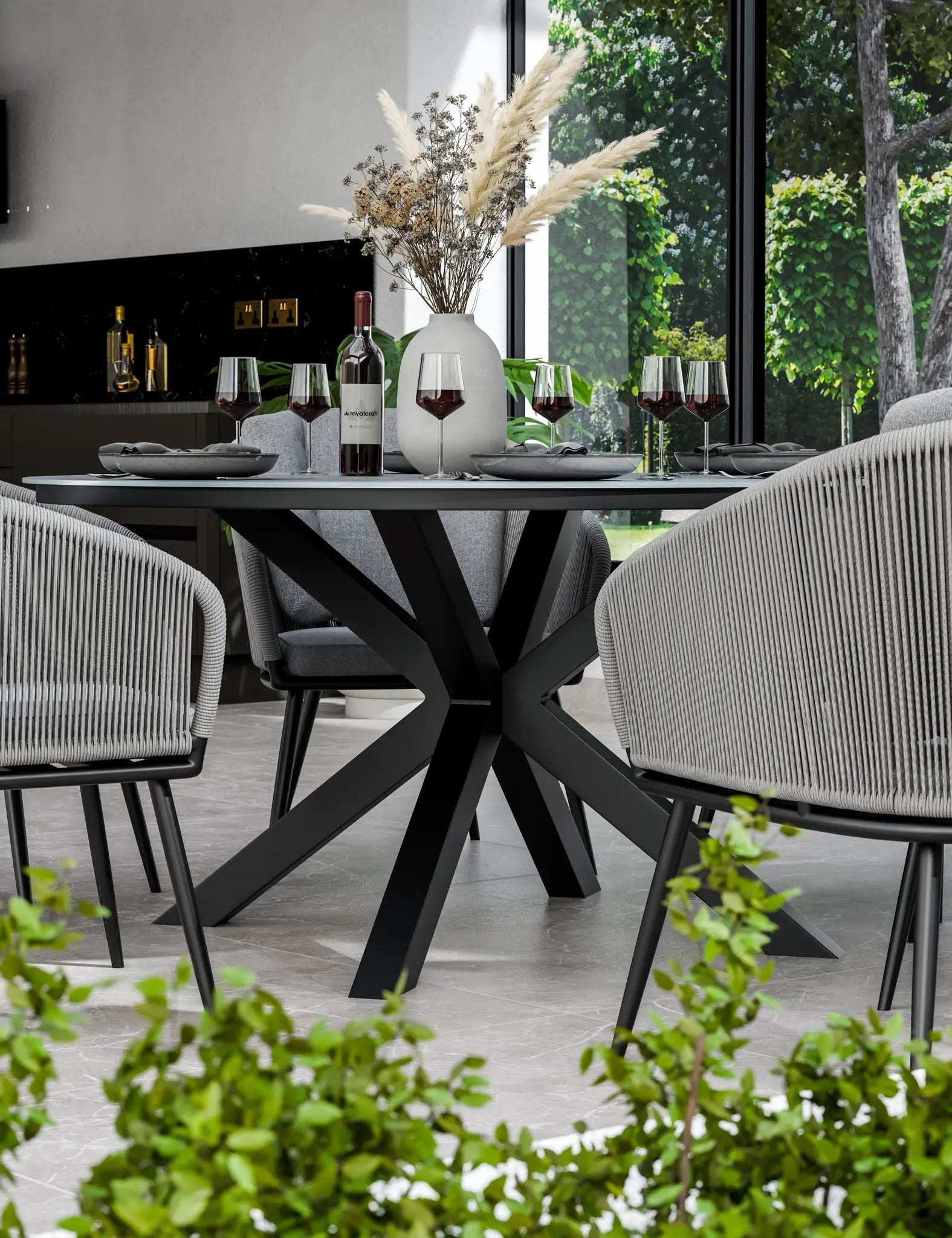 Royalcraft Aspen 6 Seater Round Ceramic Glass Garden Dining Set with Rope Chairs | 150cm