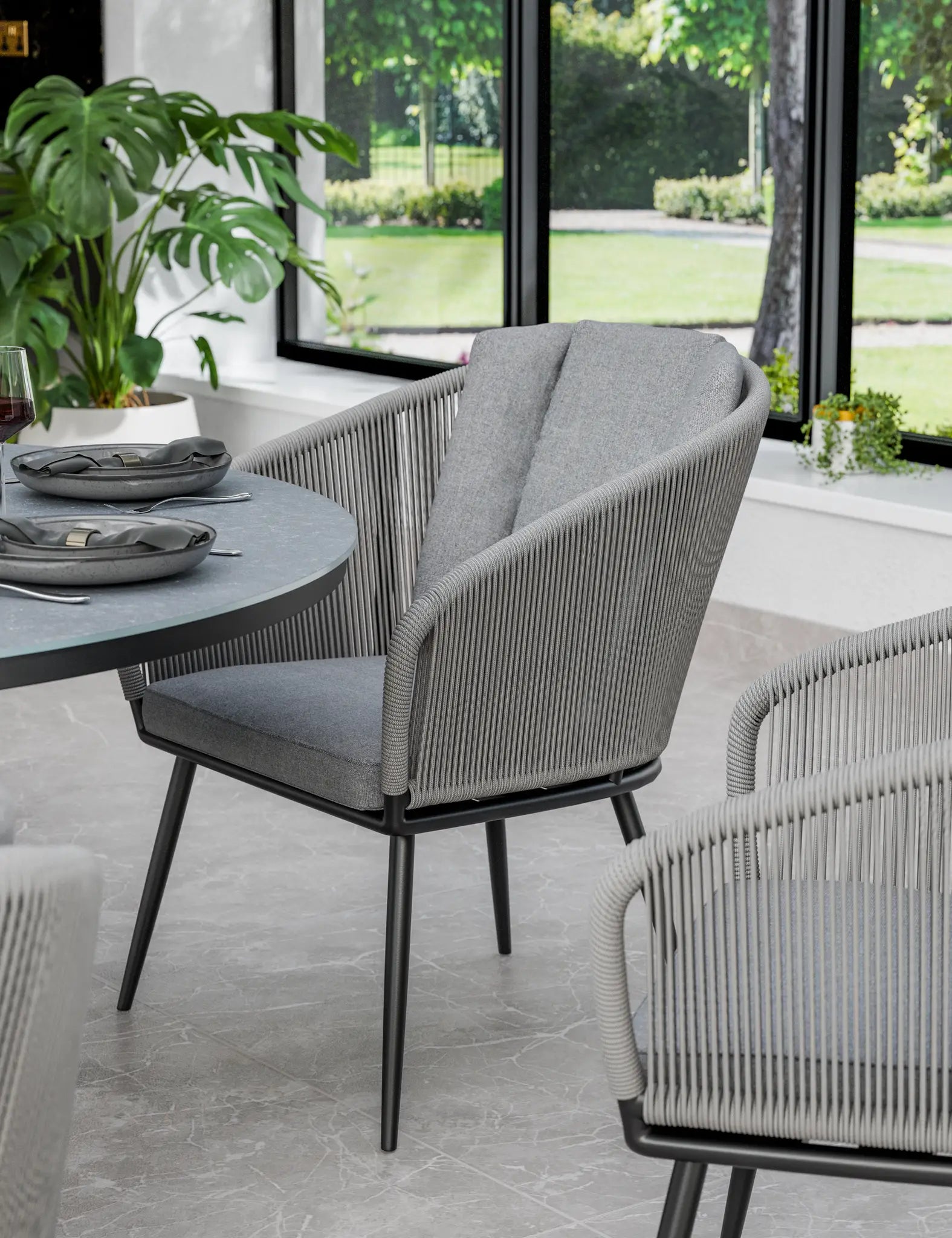 Royalcraft Aspen 6 Seater Round Ceramic Glass Garden Dining Set with Rope Chairs | 150cm