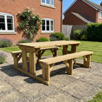 Abies Rounded Picnic Table and Benches Set in rustic brown finish