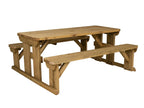 Abies Rounded Picnic Table and Benches Set in rustic finish — side view