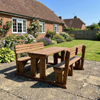 Alders Rounded Picnic Table and Benches Set with backrest in rustic brown finish