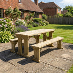 Aspen Picnic Table and Benches Set in natural light green finish in a garden
