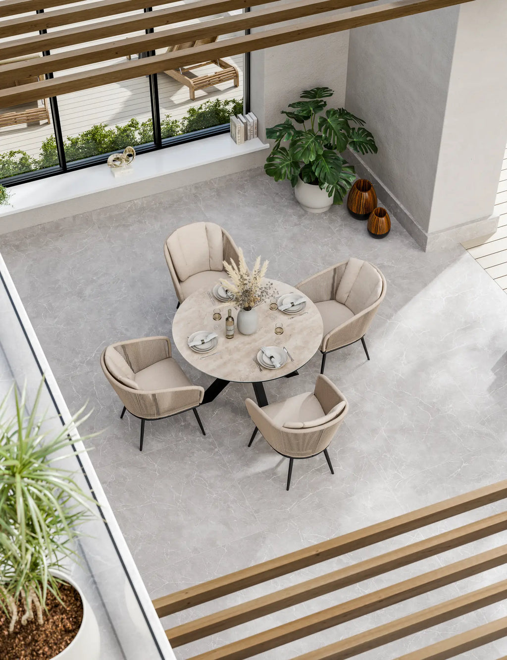Royalcraft Bali 4 Seater Round Ceramic Glass Garden Dining Set with Rope Chairs 120cm