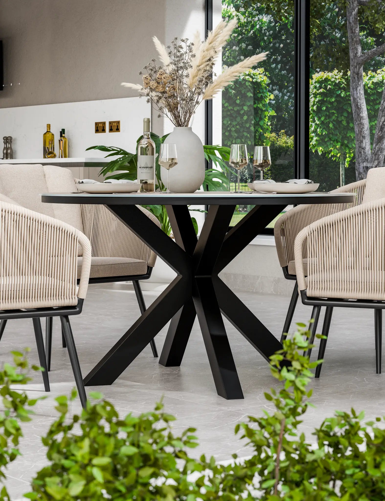Royalcraft Bali 4 Seater Round Ceramic Glass Garden Dining Set with Rope Chairs | 120cm