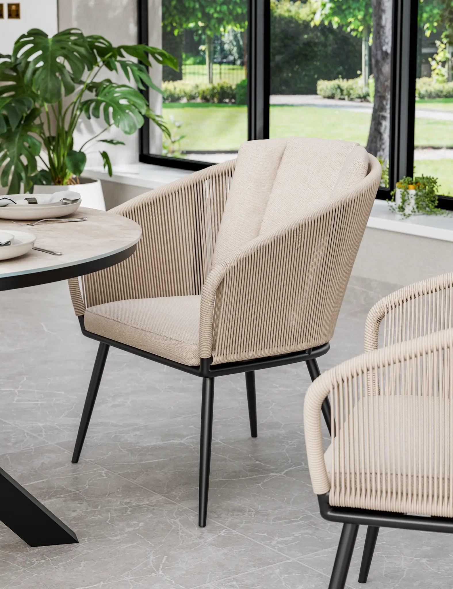 Royalcraft Bali 4 Seater Round Ceramic Glass Garden Dining Set with Rope Chairs | 120cm