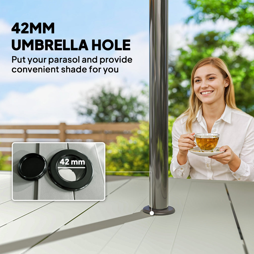 Outsunny Garden Dining Table with Parasol Hole, Outdoor Dining Table for 6, Patio Table for Balcony, 150cm x 90cm, Light Grey