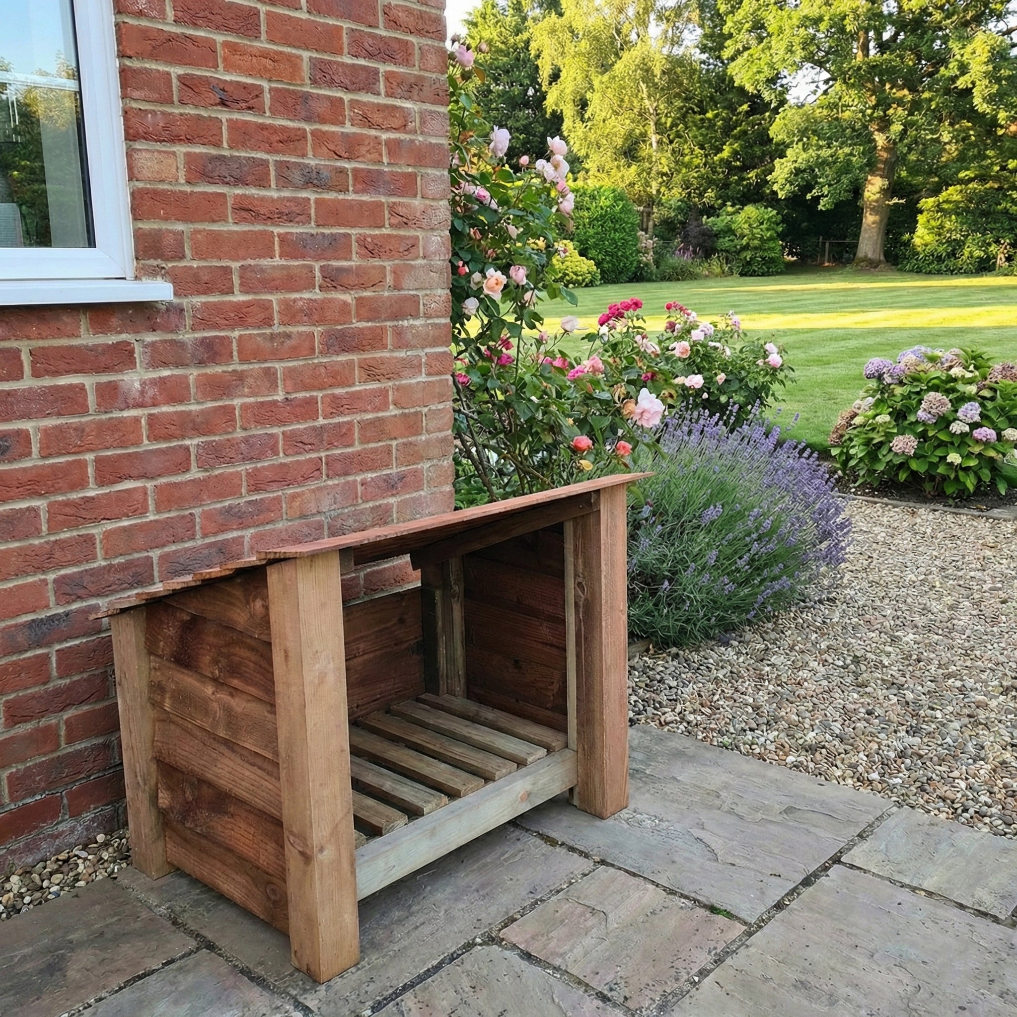 Wooden Outdoor Shoe &amp; Log Storage | Slatted Garden Store with Lid | Brown