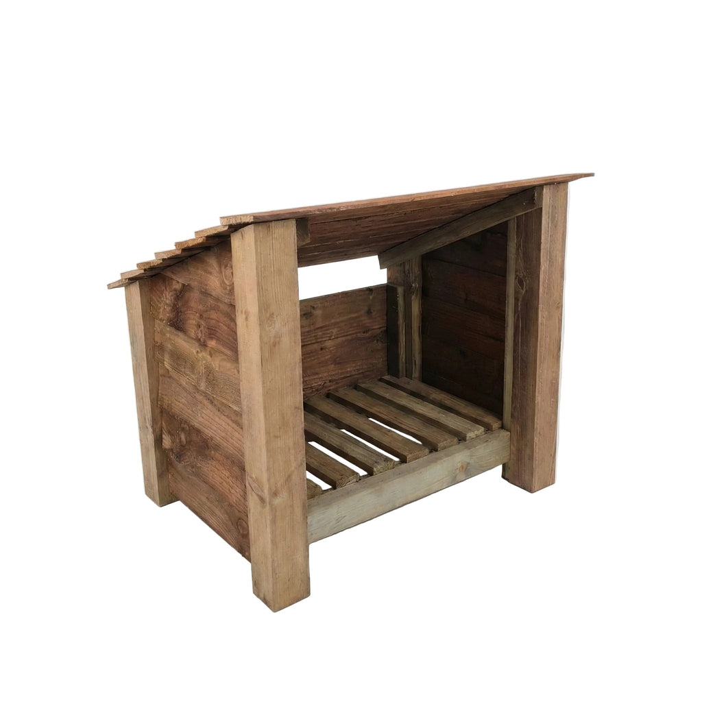 Brown wooden outdoor shoe and log storage box with slatted sides and lift lid