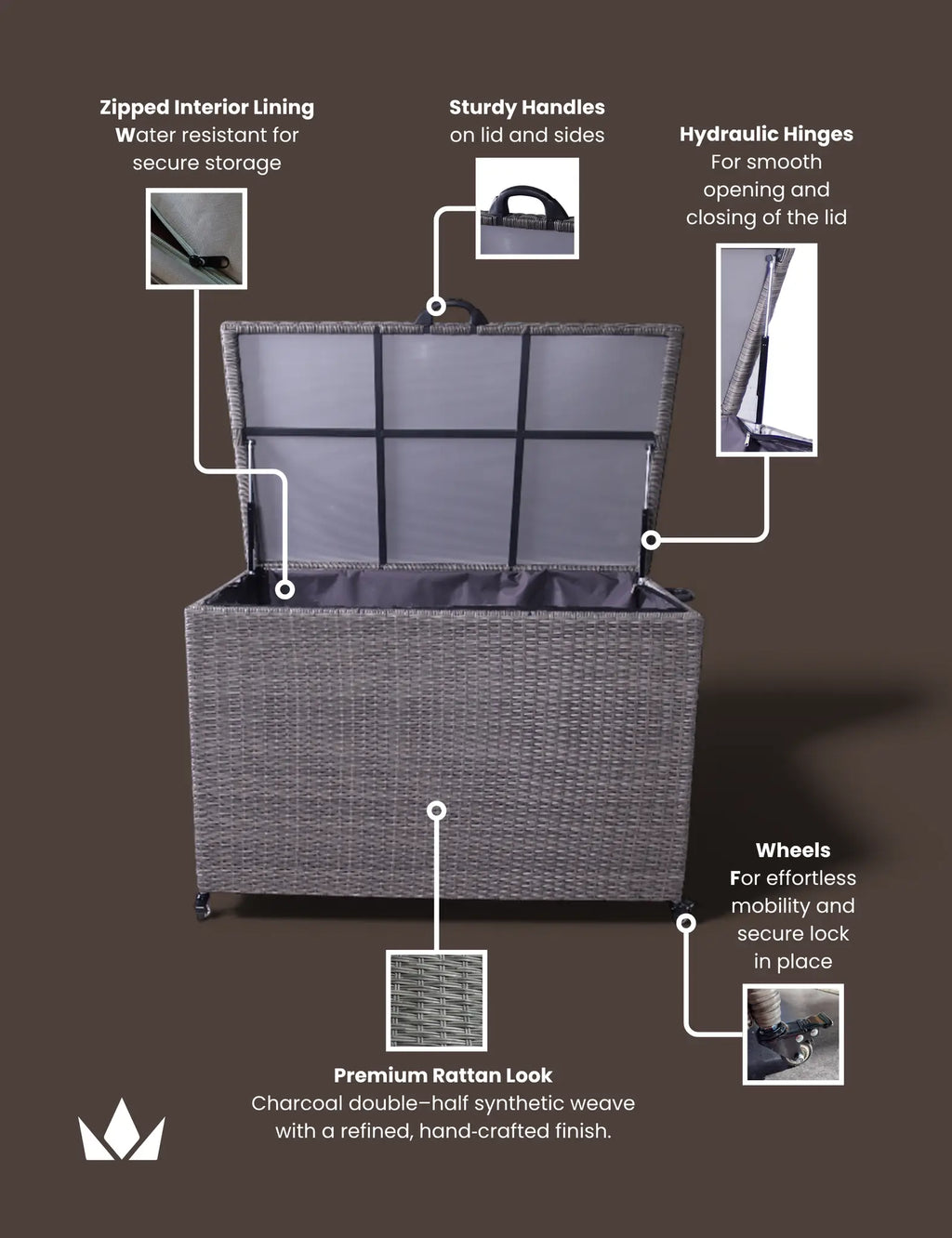 Royalcraft 510L Charcoal Rattan Outdoor Cushion Storage Box | Garden Storage