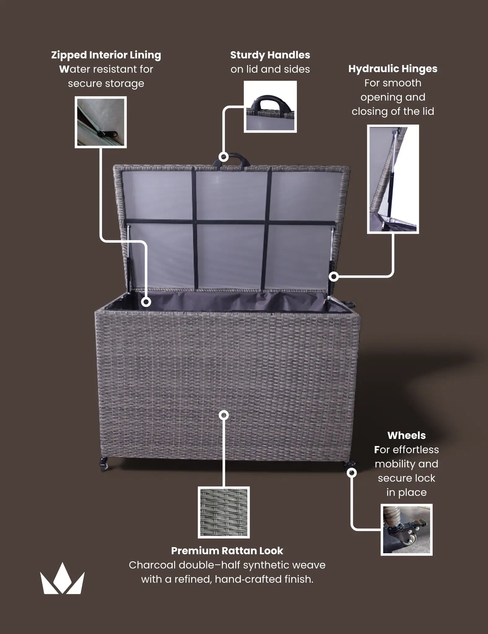 Royalcraft 510L Charcoal Rattan Outdoor Cushion Storage Box | Garden Storage