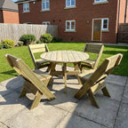 DeckFusion Wooden Rounded Picnic Table and Four Chairs Set in a garden