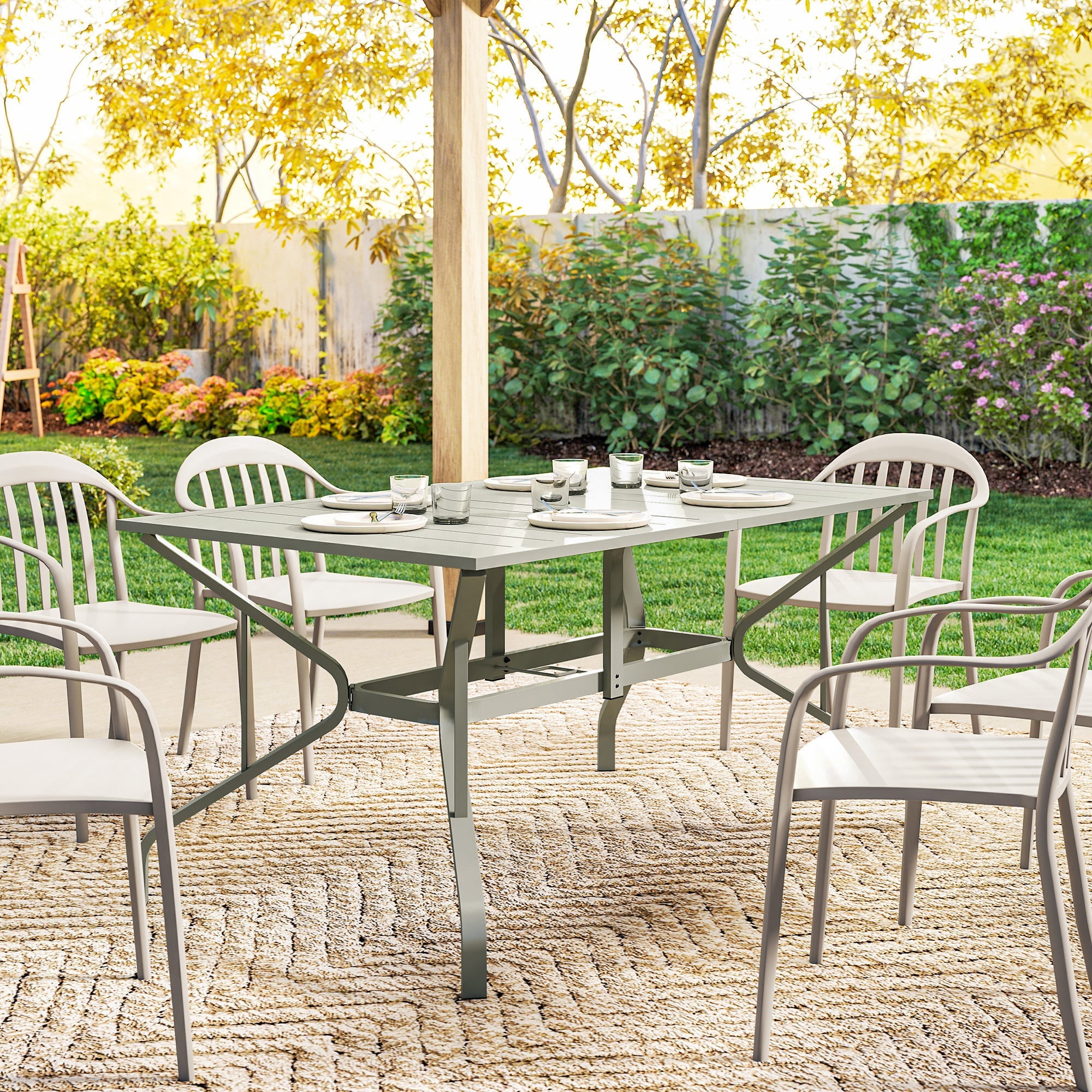 Outsunny Garden Dining Table with Parasol Hole, Outdoor Dining Table for 6, Patio Table for Balcony, 150cm x 90cm, Light Grey