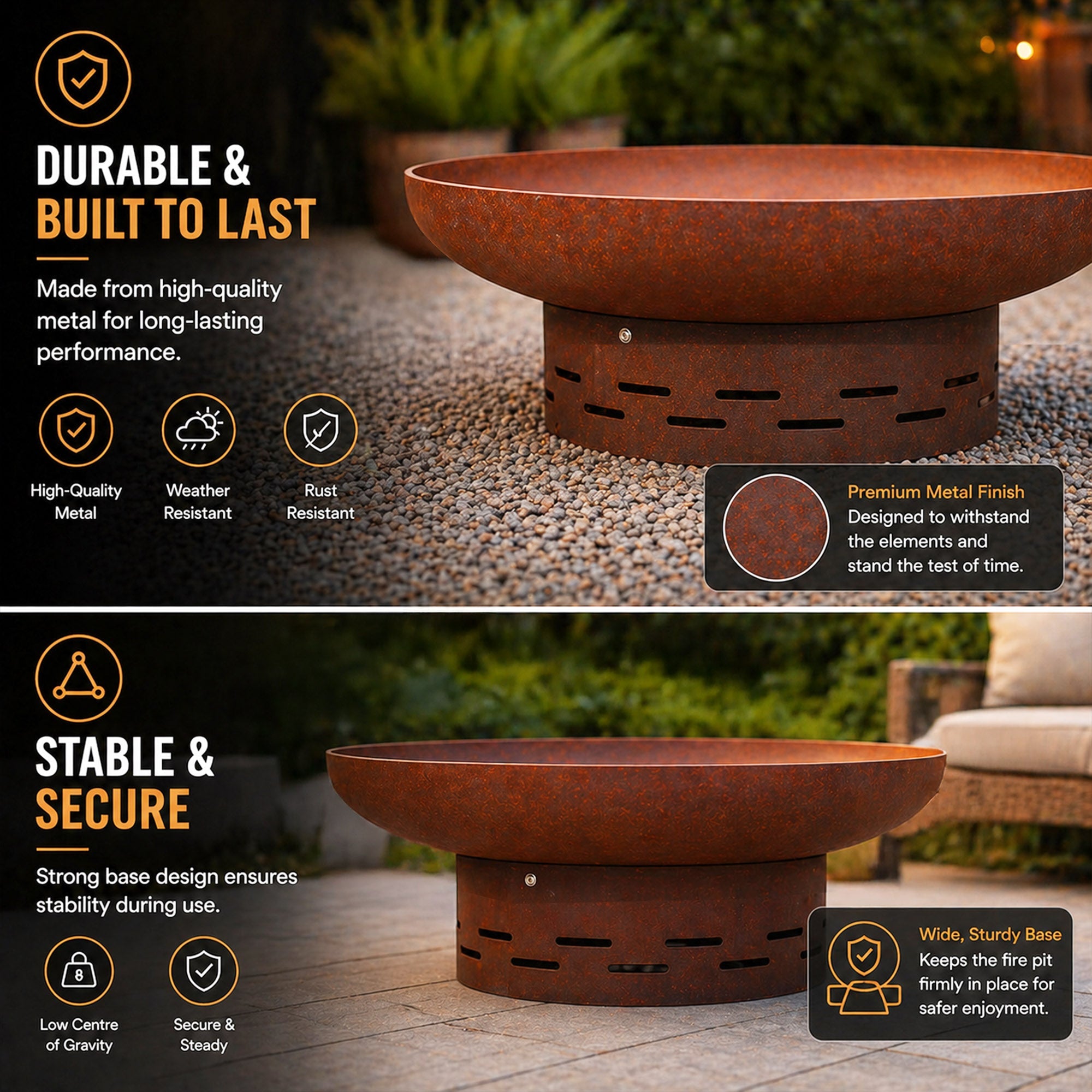 Corten steel fire pit 70cm on a patio with logs ready to burn