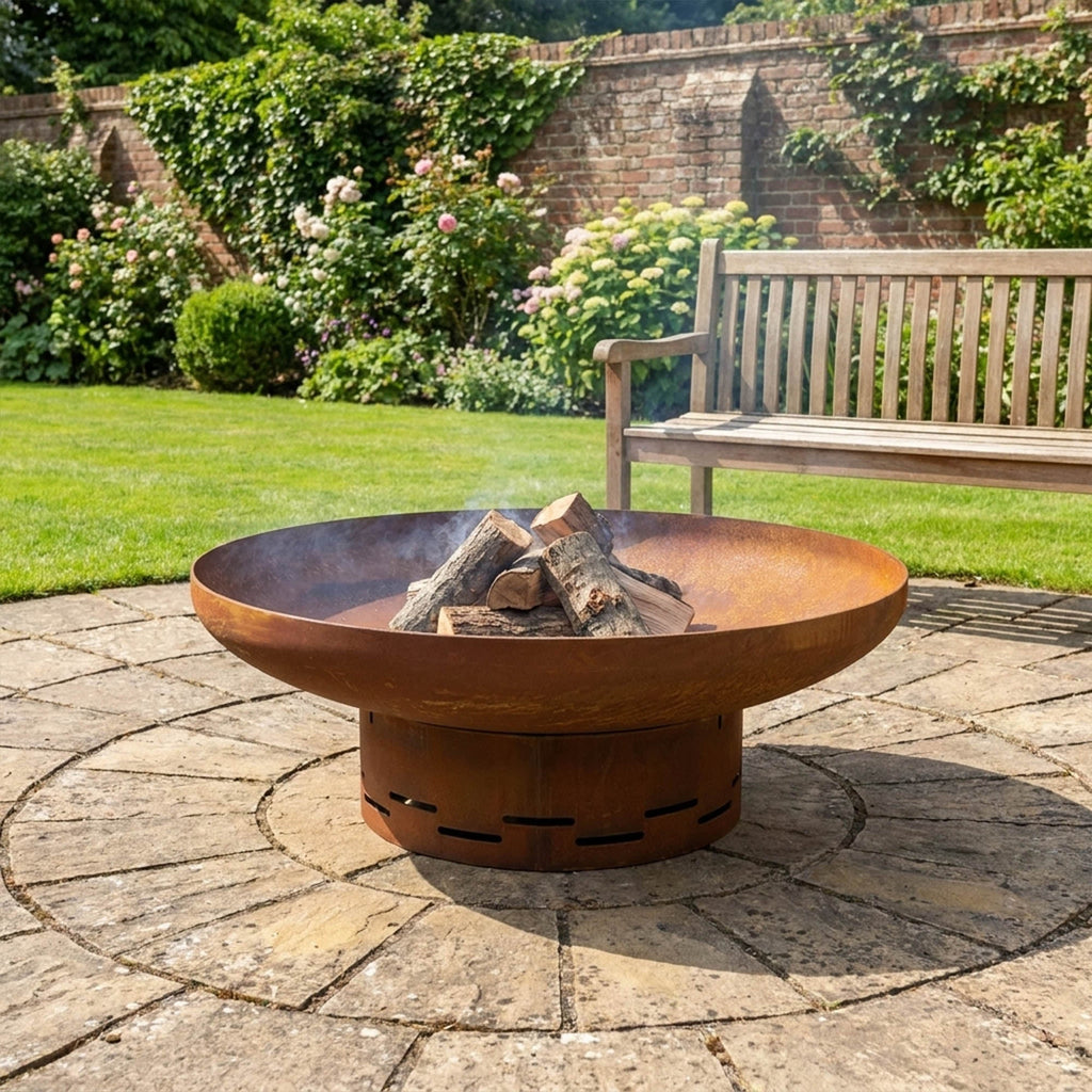 Corten steel fire pit 70cm lifestyle view in an outdoor living space