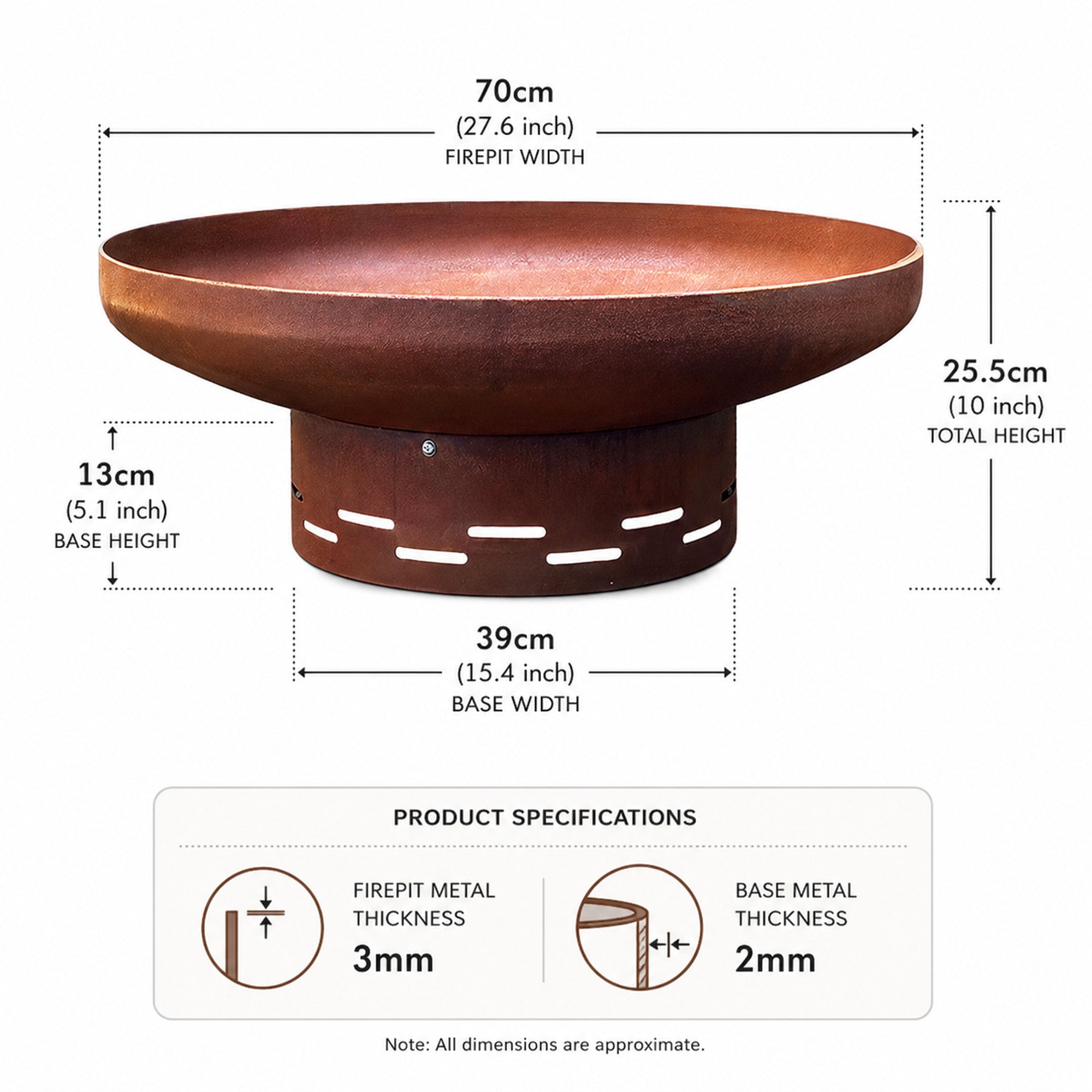 Corten steel fire pit 70cm side view showing the round bowl and stand