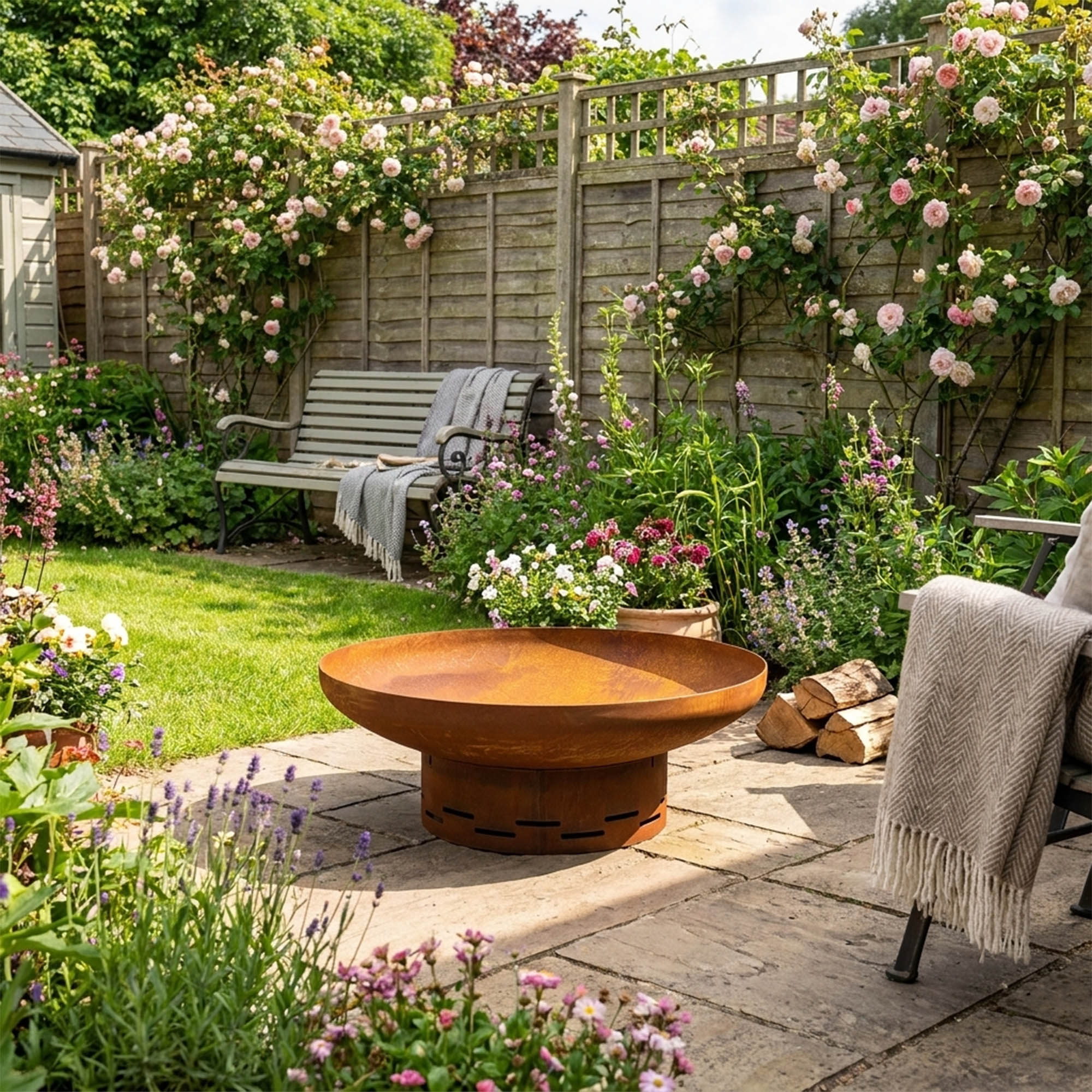 Corten steel fire pit 70cm with a wood fire burning in the evening