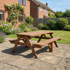 Fortem Rounded Pub Style Picnic Table and Benches Set in rustic brown finish