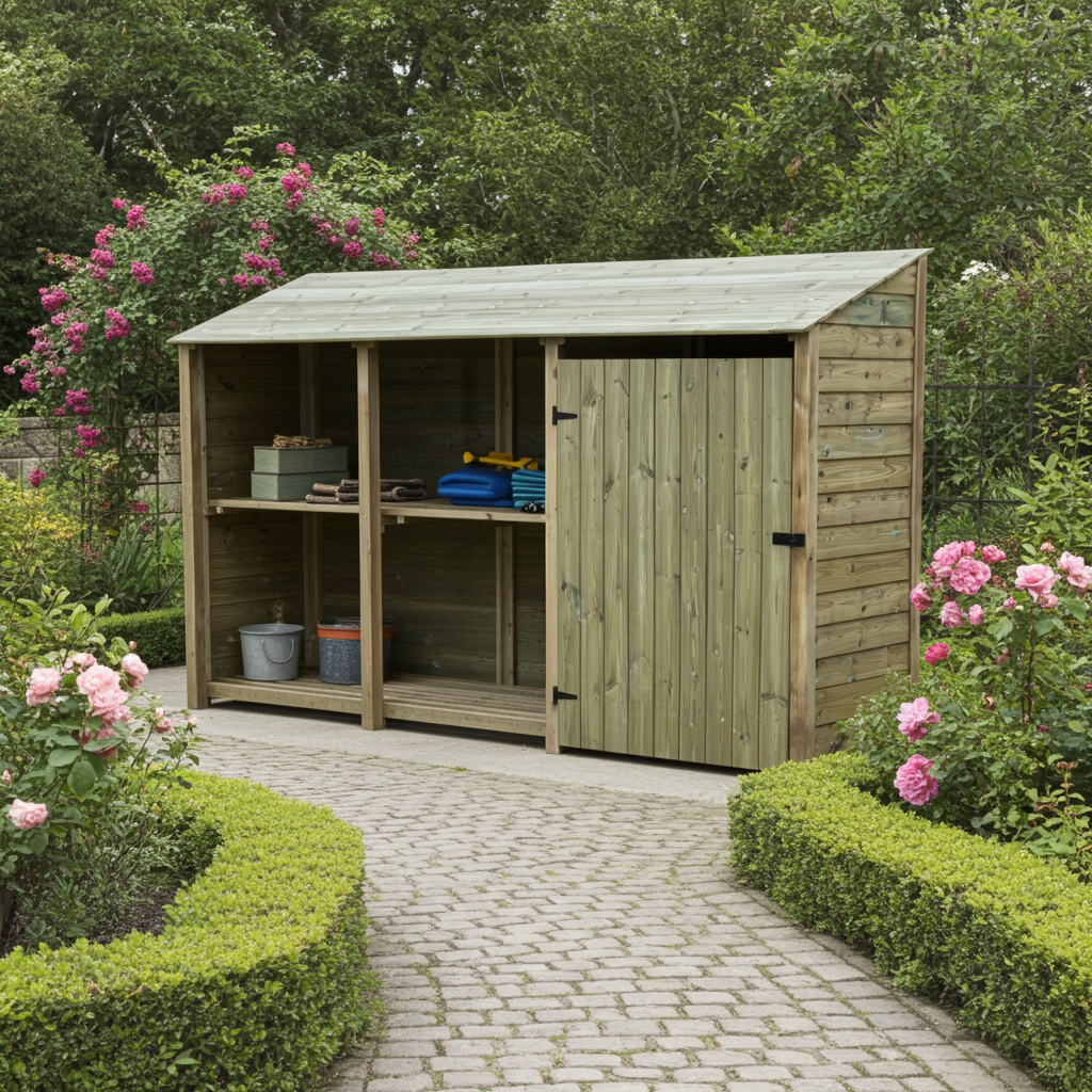 Wooden Garden Tool Storage with shelf 335cm wide in natural finish