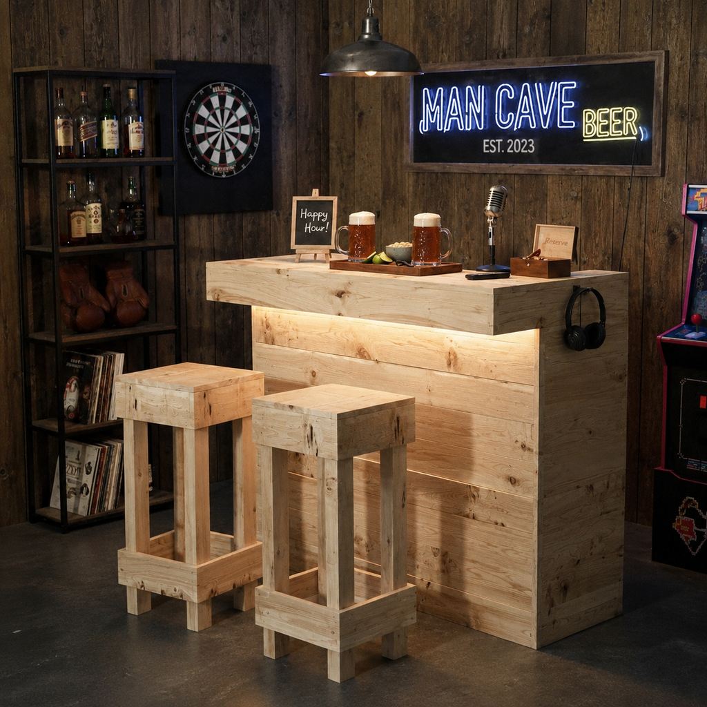 Rustic Wooden Bar and Bar Stools Set with LED lighting
