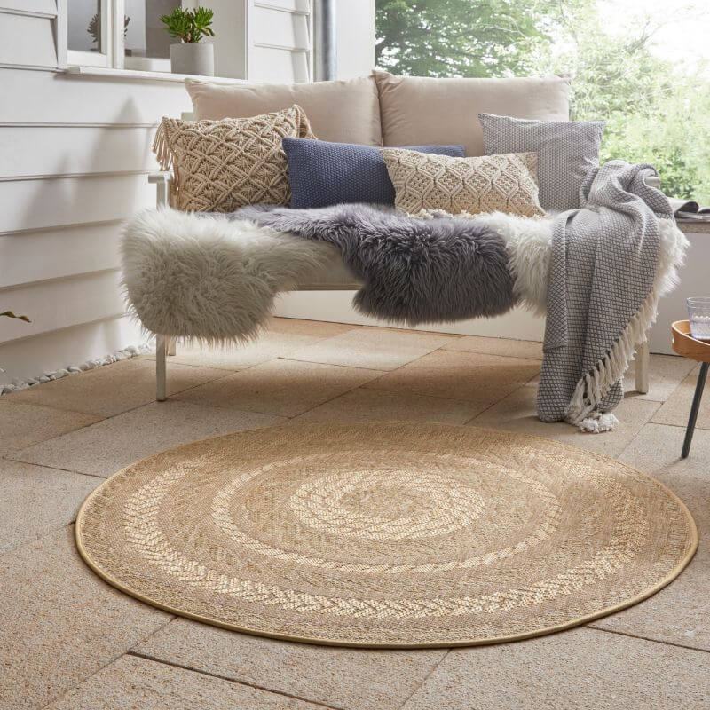 Almendro Round Indoor Outdoor Rug | Beige Chevron Sisal-Look | Ø160cm & Ø200cm