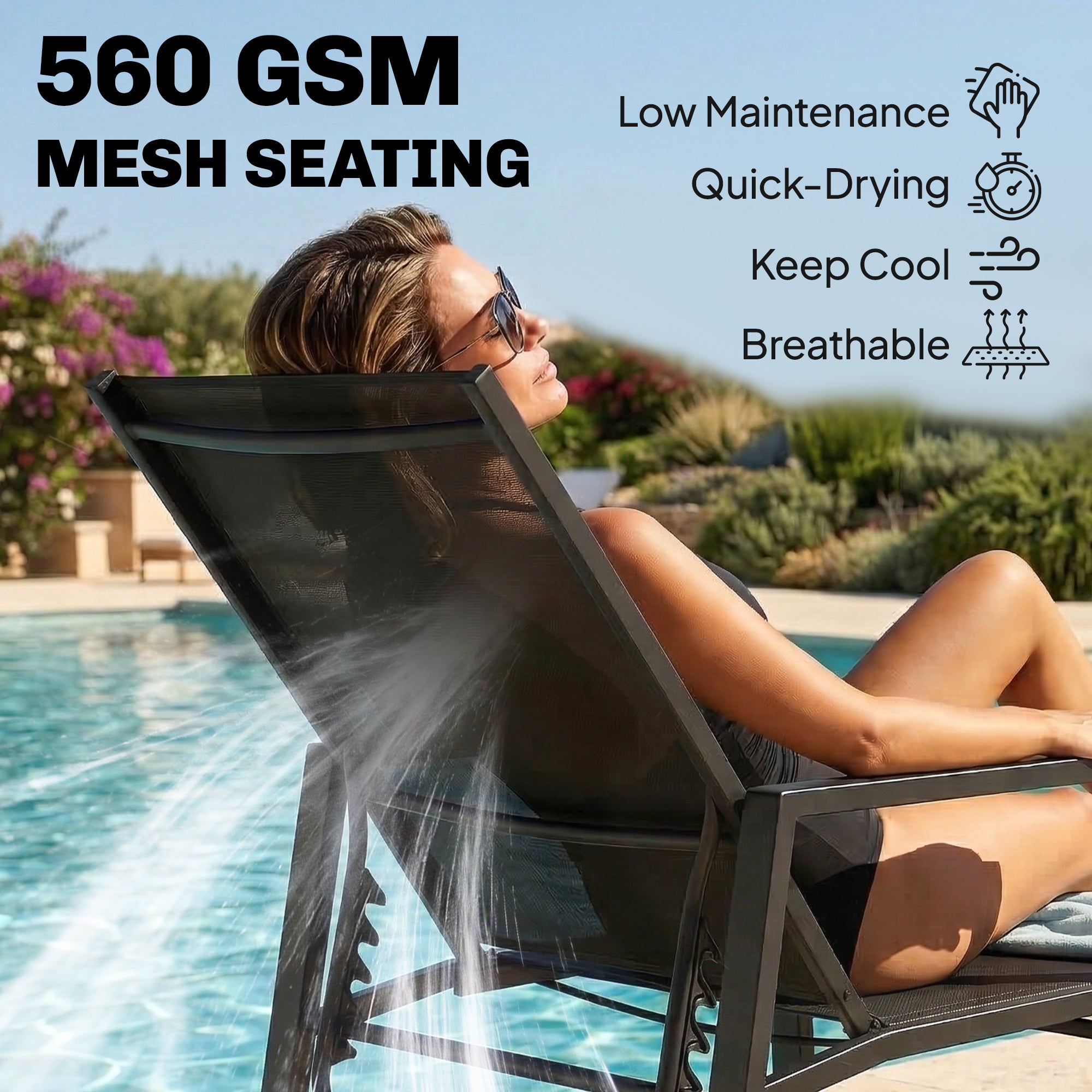 Sun Loungers Set of 2 Retractable Footrest 5-Position Adjustable Steel Frame for Beach, Porch, Patio, Camping, Black