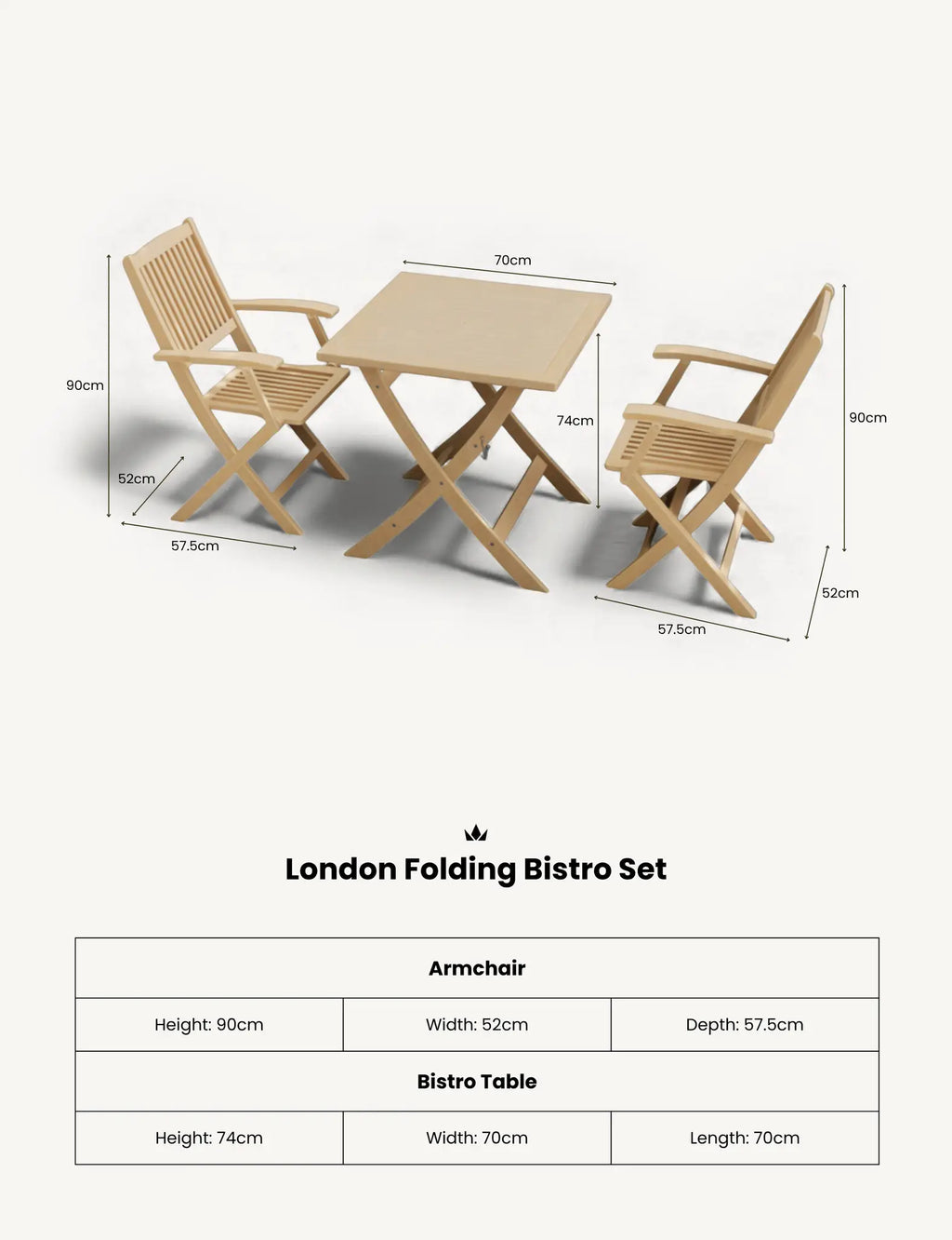 Royalcraft London 2 Seater Square Folding Garden Bistro Set with Armchairs | FSC Acacia