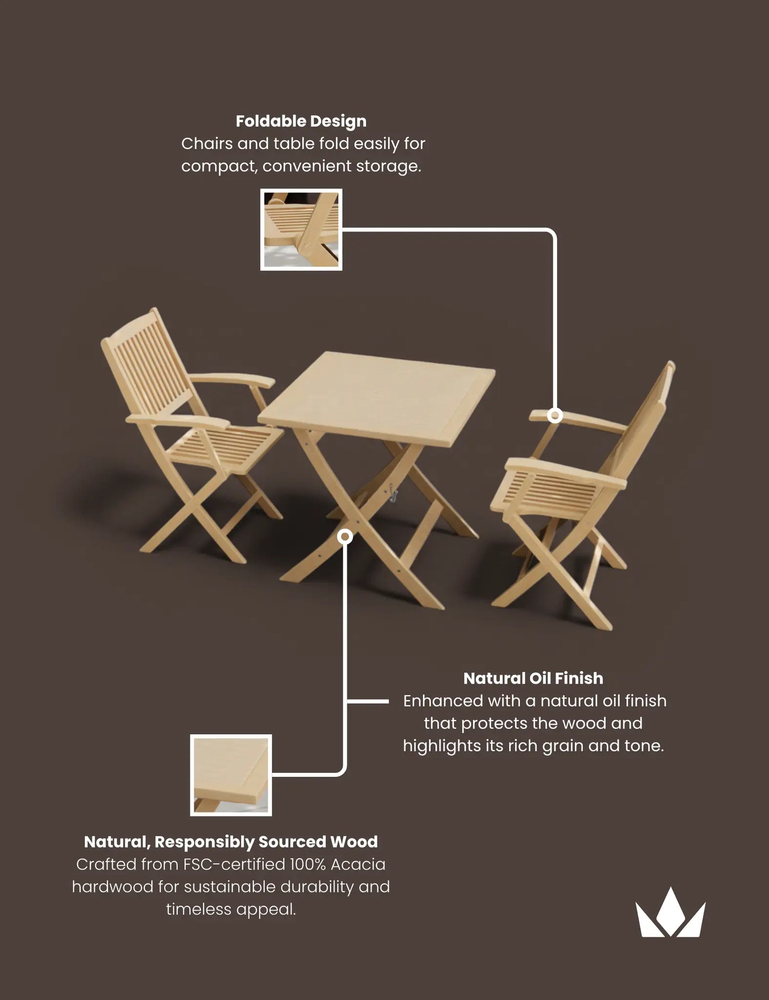 Royalcraft London 2 Seater Square Folding Garden Bistro Set with Armchairs | FSC Acacia