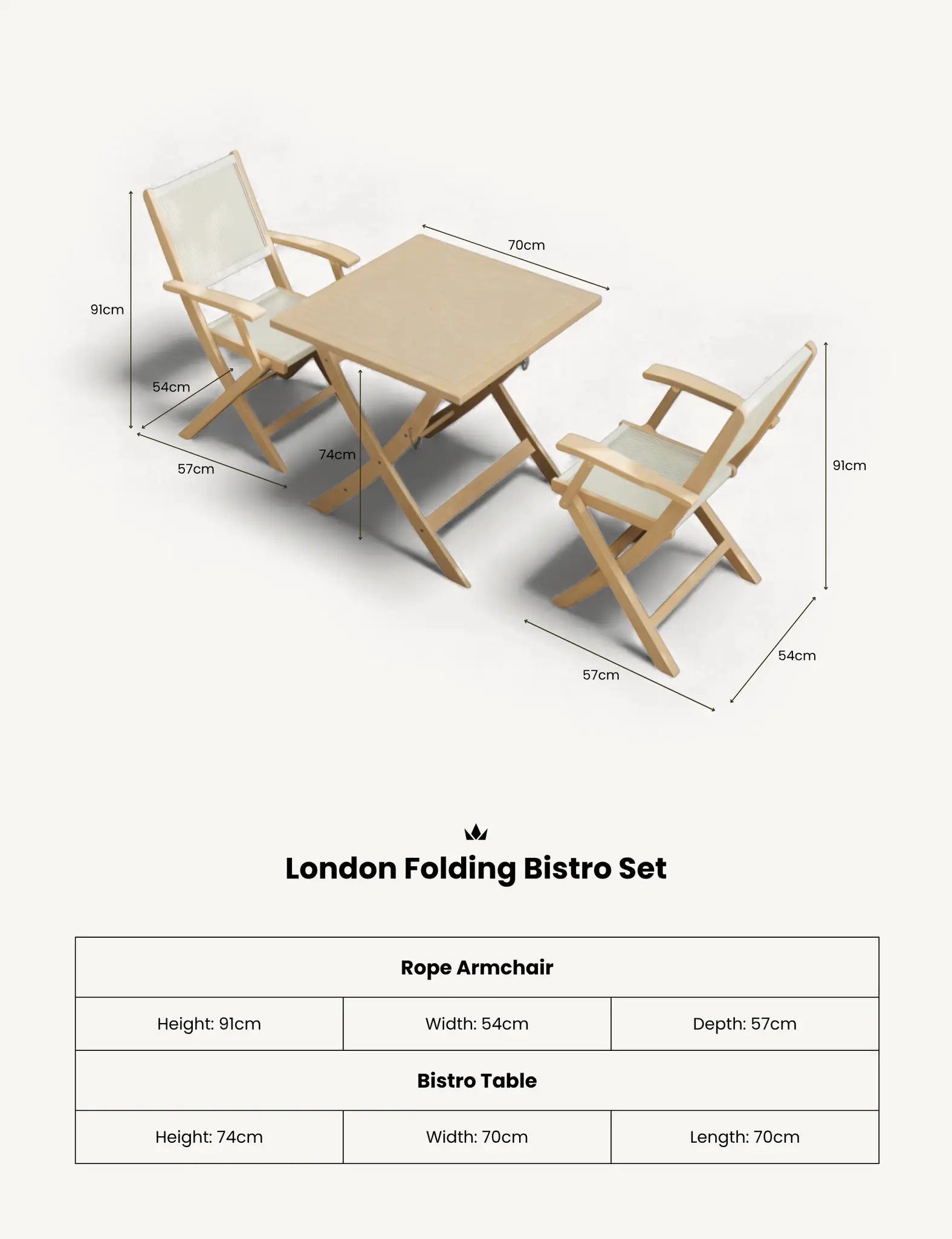Royalcraft London 2 Seater Square Folding Garden Bistro Set with Rope Armchairs | FSC Acacia