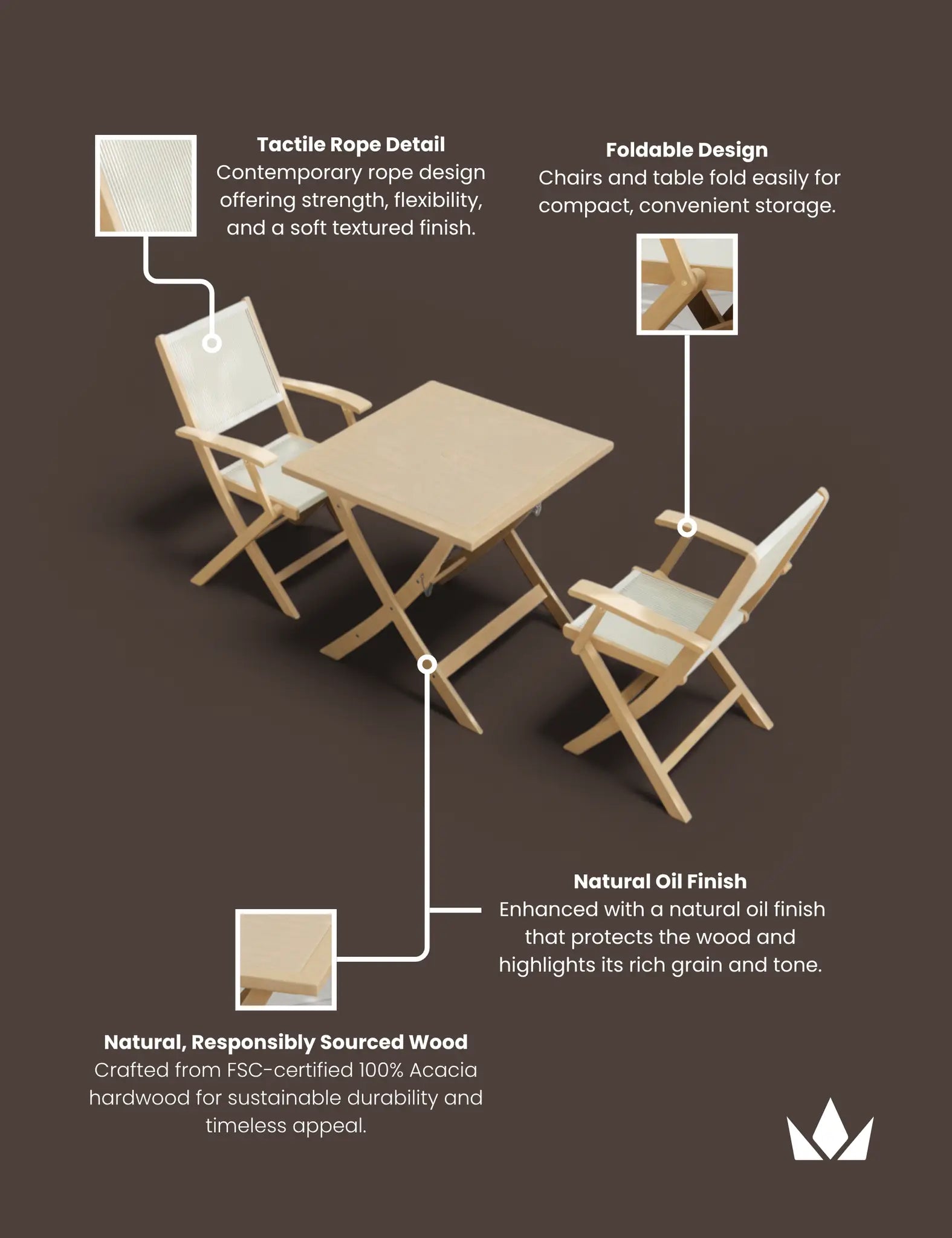 Royalcraft London 2 Seater Square Folding Garden Bistro Set with Rope Armchairs | FSC Acacia